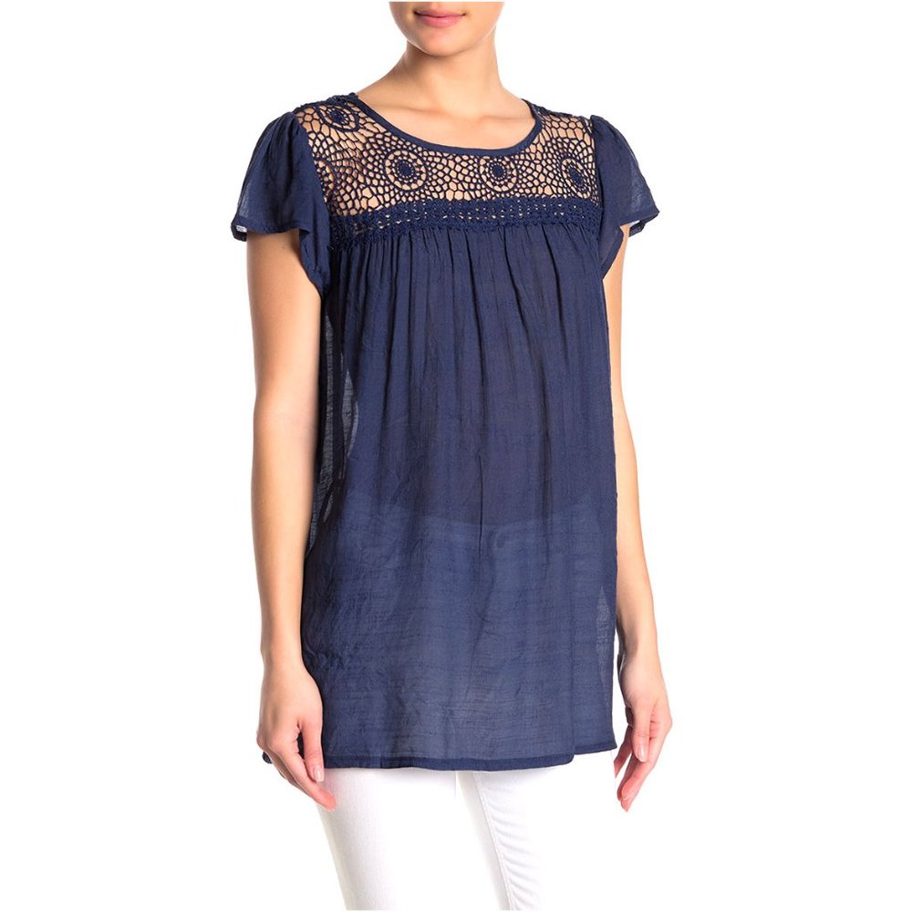 Forgotten Grace Crochet Trim Short Sleeve Blouse